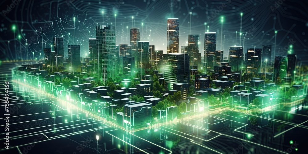 Sprawling green community with Digital smart city infrastructure and rapid data network. Digital city, smart society, smart homes, digital community. DX, IOT, digital network concept.