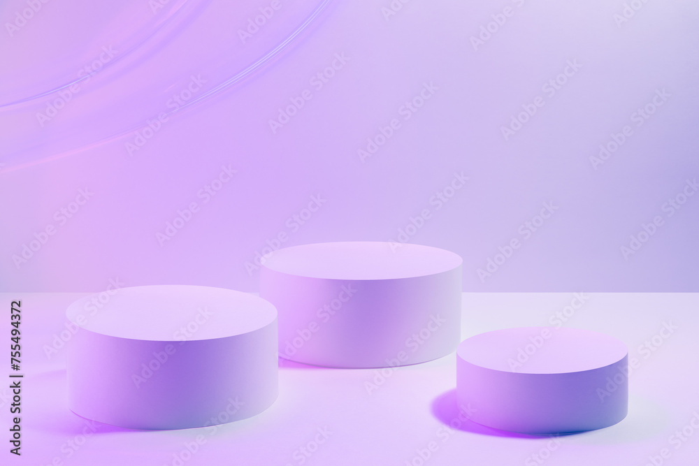 Set of three round pedestal mockup for cosmetic products in pink violet vr neon light. Abstract scene for presentation skin care products, gifts, advertising, sale, design, goods in vapor wave style. Set of three round pedestal mockup for cosmetic products in pink violet vr neon light. Abstract scene for presentation skin care products, gifts, advertising, sale, design, goods in vapor wave style.