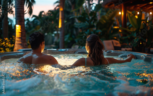 hot tub at a luxury resort, movie lighting at sunset