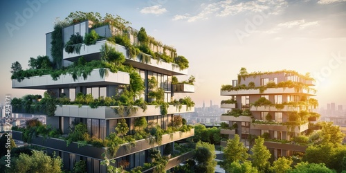 Sustainable green building in modern city. Green architecture. Eco-friendly building. Sustainable residential building with vertical garden reduce CO2. Apartment with green environment. photo