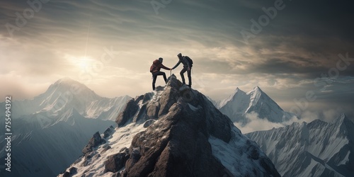 Teamwork concept with man helping friend reach the mountain top