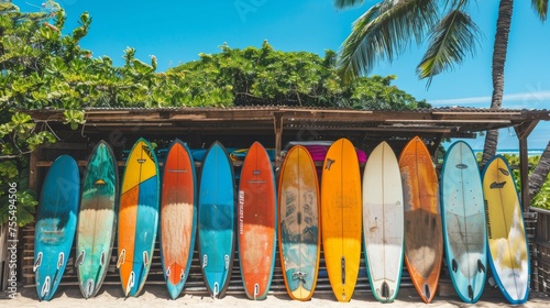 Colorful surfboards in a Hawaiian rack, vibrant and ready