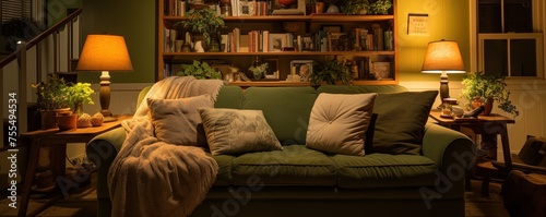 This cozy den is full of comfort and style, from the inviting green couch and loveseat to the warm lighting, creating a beautiful and inviting space to relax photo