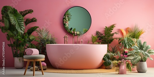 This vibrant bathroom design features a combination of soft pink walls, a round mirror, a large bathtub, lush houseplants, and colorful flowerpots photo