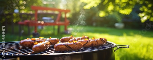 three hotdogs on a grill with a green leafy plant in the backgrouf of the grill in the foreground, and a green lawn in the background. photo