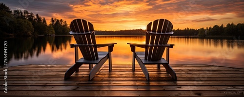 Two wooden chairs on a wood pier overlooking a lake at sunset photo