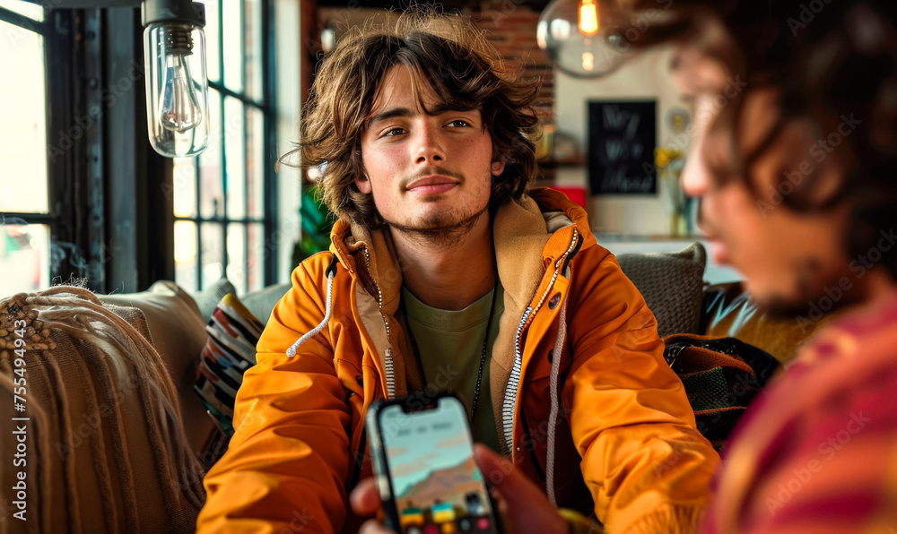 Young man in a cafe with friend, casual meetup