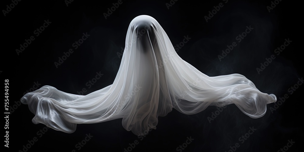 White ghost floating on black background White ghost floating on black background