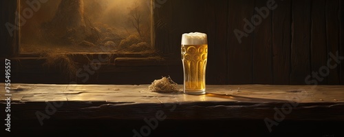 A frothy pint of beer sits invitingly on a rustic wooden table, beckoning the thirsty reveler to enjoy its golden-hued warmth and intoxicating allur photo