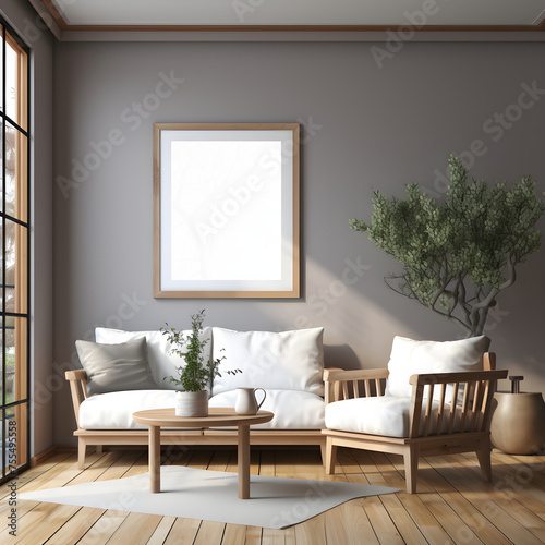 Light streams through a window in a modern living room featuring a comfortable sofa white walls  luxury  afternoon  Interior Mockup with one white photo frames in the background