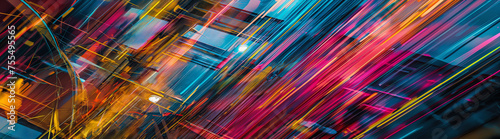 Chaotic beauty emerges from streaks of neon lights, painting the city's pulse in a wild, abstract rhythm