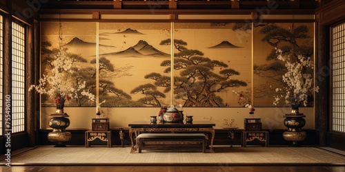 A vintage Japanese room, background. Traditional high class Japanese style room with gold style decorated walls.