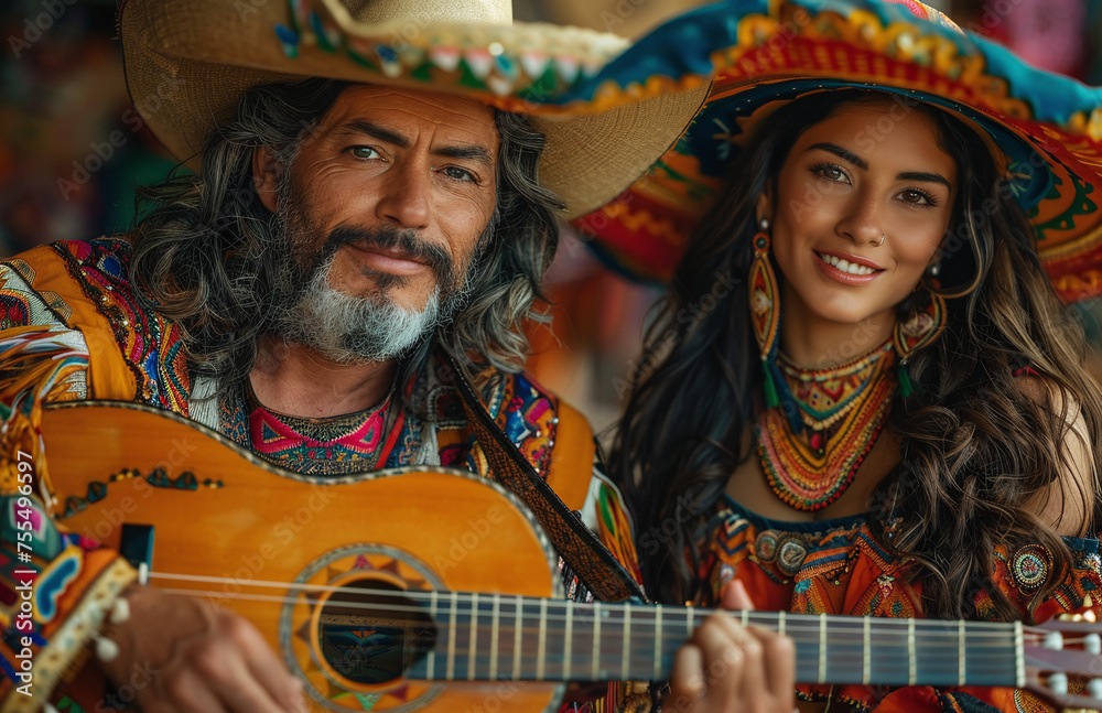 Smiling man and woman in traditional Mexican attire with a guitar ...