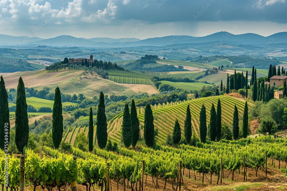 Lush green vineyard with cypress trees