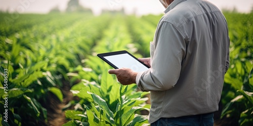 Agronomist inspecting crops growing in the farm field, Agriculture production concept with man using tablet to compare data