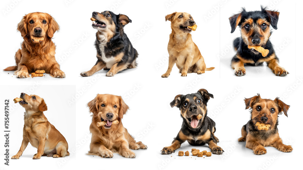 Set of dog full body chewing eating snack treat on transparency background PNG
