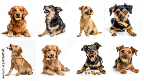 Set of dog full body chewing eating snack treat on transparency background PNG  © Sim