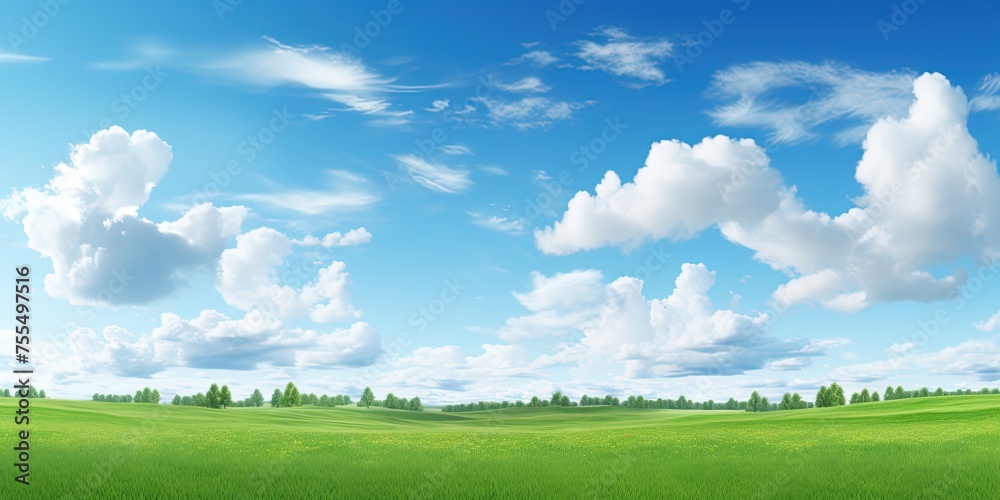 Beautiful grassy fields and summer blue sky with fluffy white clouds in the wind. Wide format. Beautiful grassy fields and summer blue sky with fluffy white clouds in the wind. Wide format.