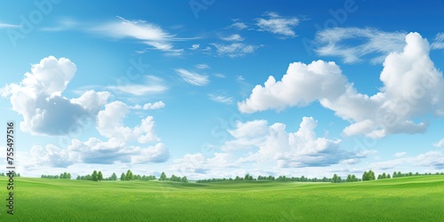Beautiful grassy fields and summer blue sky with fluffy white clouds in the wind. Wide format.