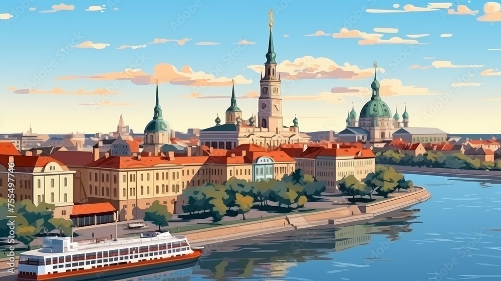 Obraz premium Abstract modern cityscape art on water s edge, urban panorama with a contemporary twist