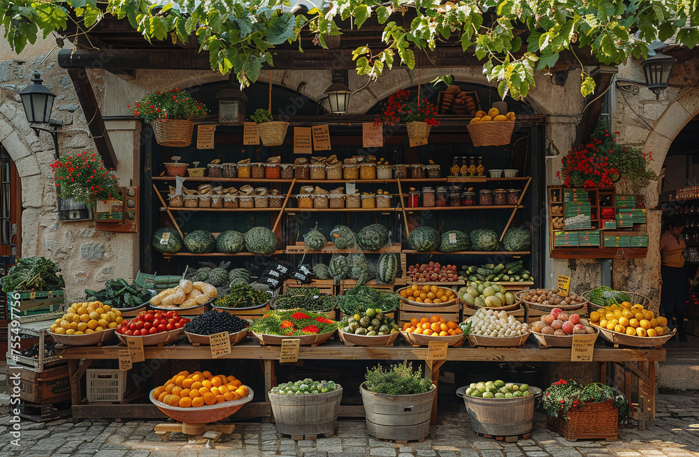 Traditional outdoor market with fresh fruits and vegetables on display in rustic wooden baskets under a vine-covered awning.