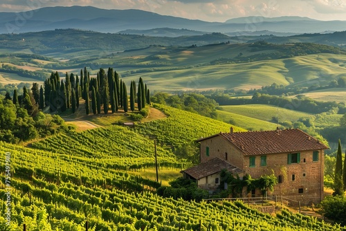 Lush green vineyard with cypress trees