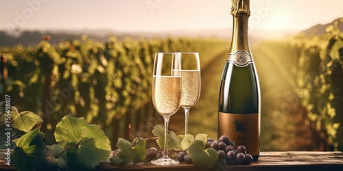 champagne bottle with glass in vineyard photo