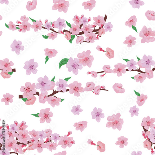 Seamless pattern with cherry blossom flowers on the branch