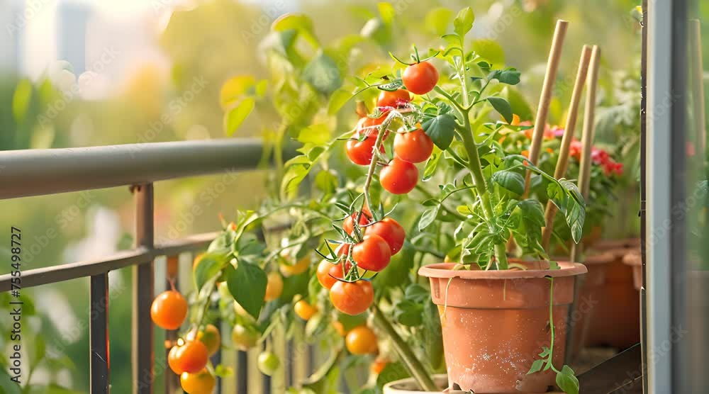 Ripe Tomatoes Growing on Urban Balcony Garden with AI generated.
