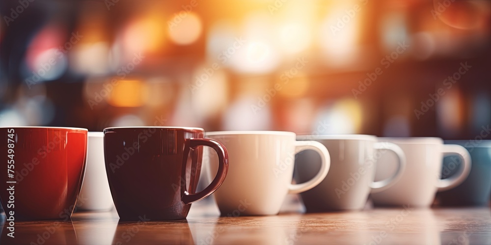 Defocused Coffee shop background with focus on mugs Defocused Coffee shop background with focus on mugs