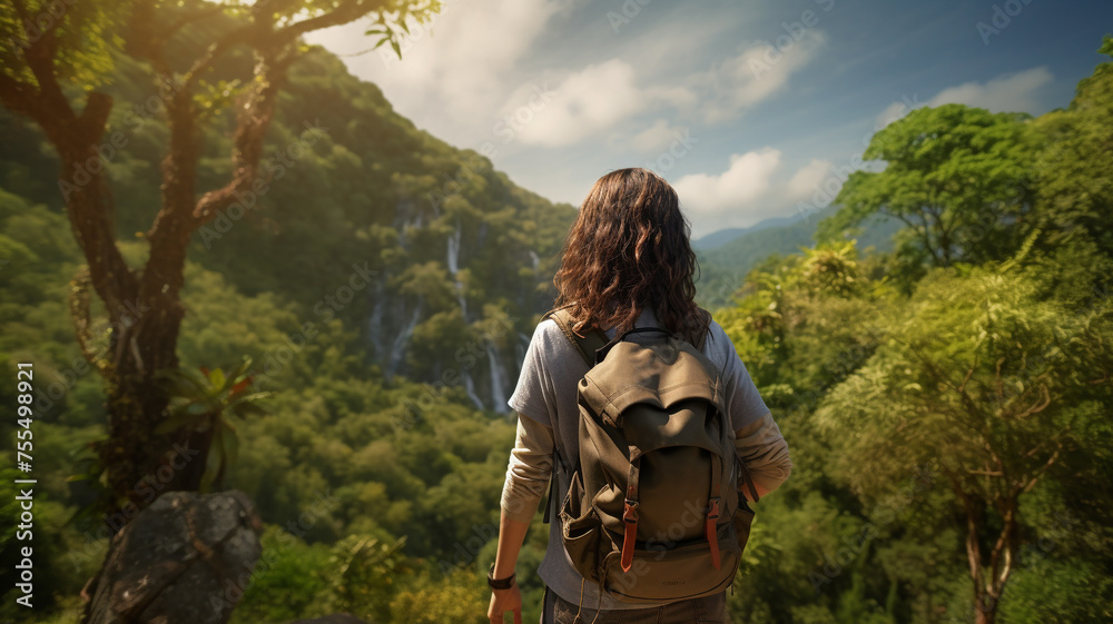 Adventurer with backpack travels in the lush forest.