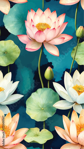 Beautiful seamless vector floral pattern, spring summer background with tropical flowers, palm leaves, jungle leaf, Lotus flower and Leaves Blossom, Exotic wallpaper, Hawaiian, watercolour style