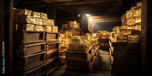 Federal gold resereve, or stashed away gold some where from from WWI or WWII. Gold ingots stacked in a safe ware house or vault.