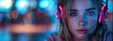 Focused female gamer with headset playing online games, vibrant neon lighting