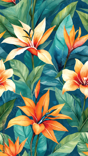Beautiful seamless vector floral pattern  spring summer background with tropical flowers  palm leaves  jungle leaf  Gloriosa superb and gloriosa lily   Leaves Blossom  Hawaiian  watercolour style