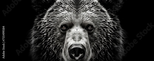 Front view of brown bear isolated on black background. Black and white portrait of Kamchatka bear.