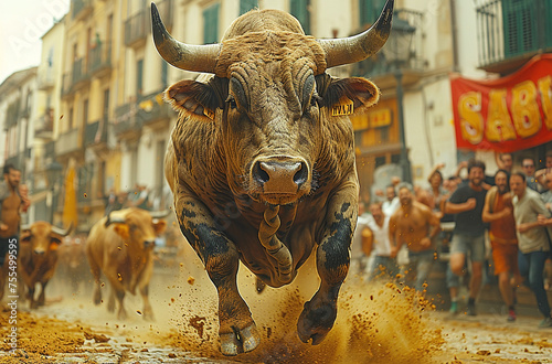 Charging bull in a traditional bull run event with spectators in the background.