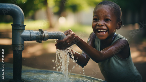 Happy african child drinking water from faucet, Environmental awareness