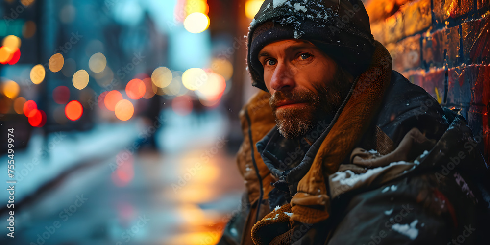 Old Homeless Man Sitting on the Street in Winter. Homeless Beggar on Snowy Street