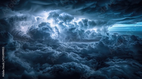 An intense storm graces the sky with majestic thunderclouds  illuminated by lightning strikes in a surreal display of nature s power.