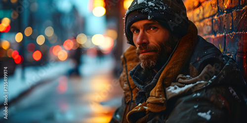 Old Homeless Man Sitting on the Street in Winter. Homeless Beggar on Snowy Street © Resdika