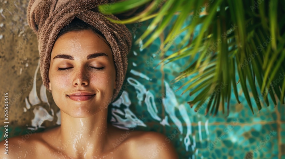 Young caucasian woman with closed eyes relaxing in outdoor spa swimming pool close up, beauty and body care