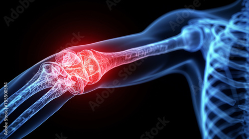 llustration of tennis elbow pain, highlighted in red on the elbow area, on black background, x-ray human body. photo