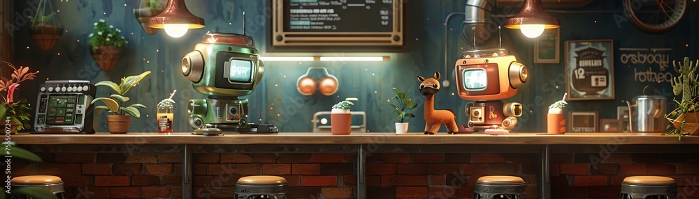 Naklejka premium Cute martensite robots serving soft drinks plants and llamas decorating