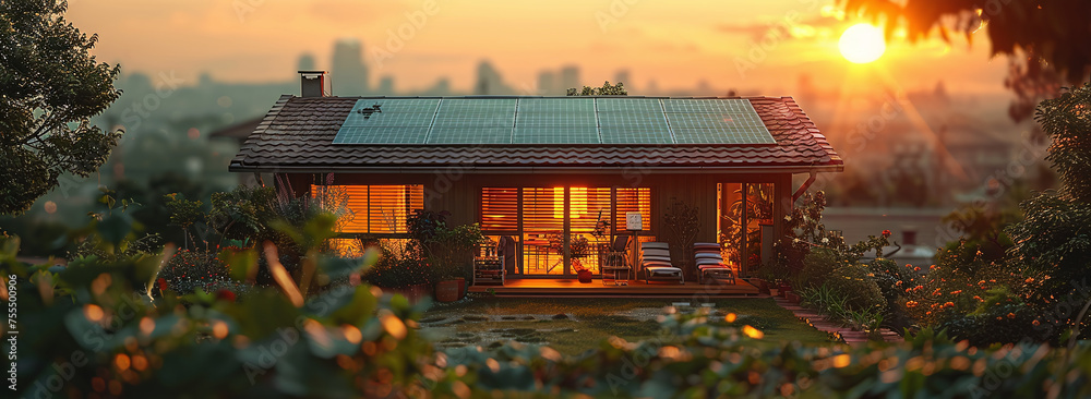 Obraz premium Cozy house with illuminated windows at sunset, nestled in greenery with cityscape in the background.