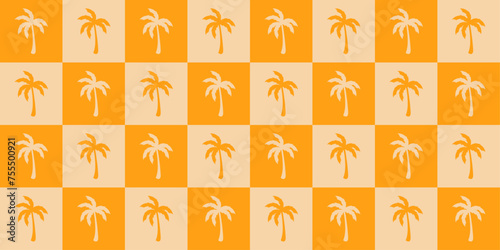 Checkered palm tree seamless pattern in yellow colors. Retro tropical illustration for background, textile, wrapping paper, fabric, wallpaper, cover design. Vector