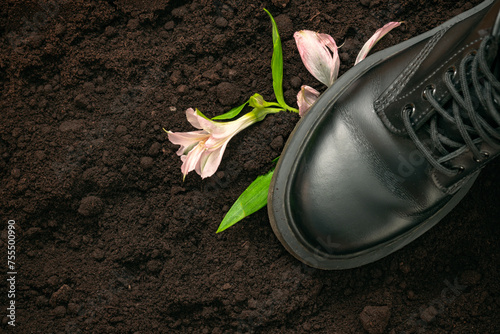 A man's foot steps on a young flower growing on the soil. Concept of Ecology,  destruction nature, earth day concept photo