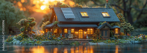 Idyllic miniature house with solar panels on the roof, nestled in a tranquil forest setting at sunset.