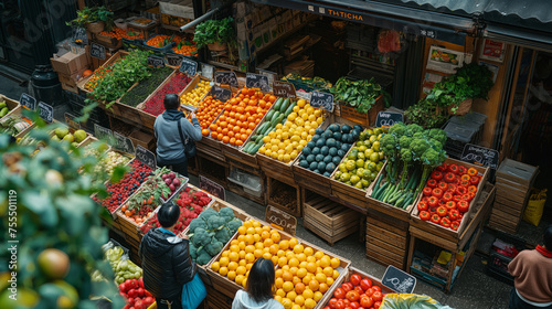 Supermarket grocery store high angle aerial view shopping people, street vendor stall