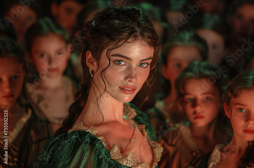 Portrait of a woman in historical costume with a crowd in the background, focused and dramatic lighting.